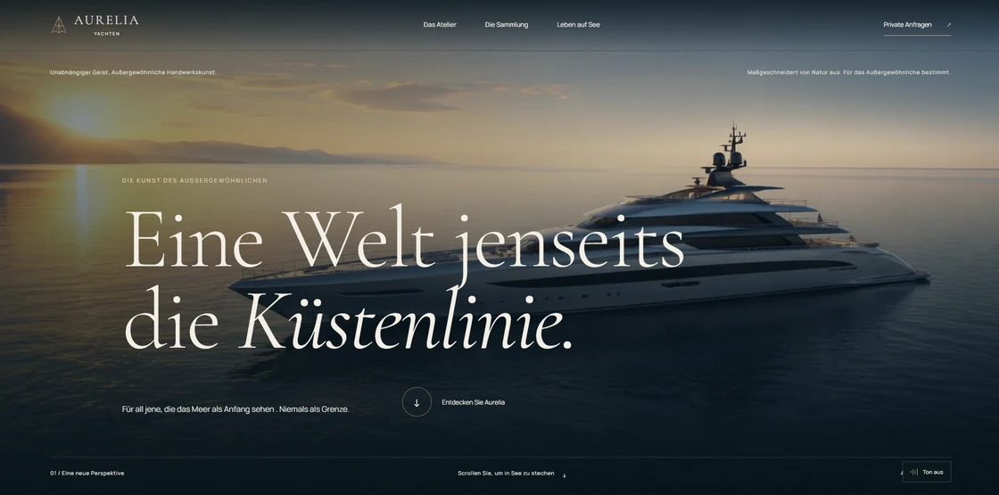 Aktuelle Aurelia-Yachts-Website mit eleganter Typografie und Luxusyacht im Sonnenuntergang